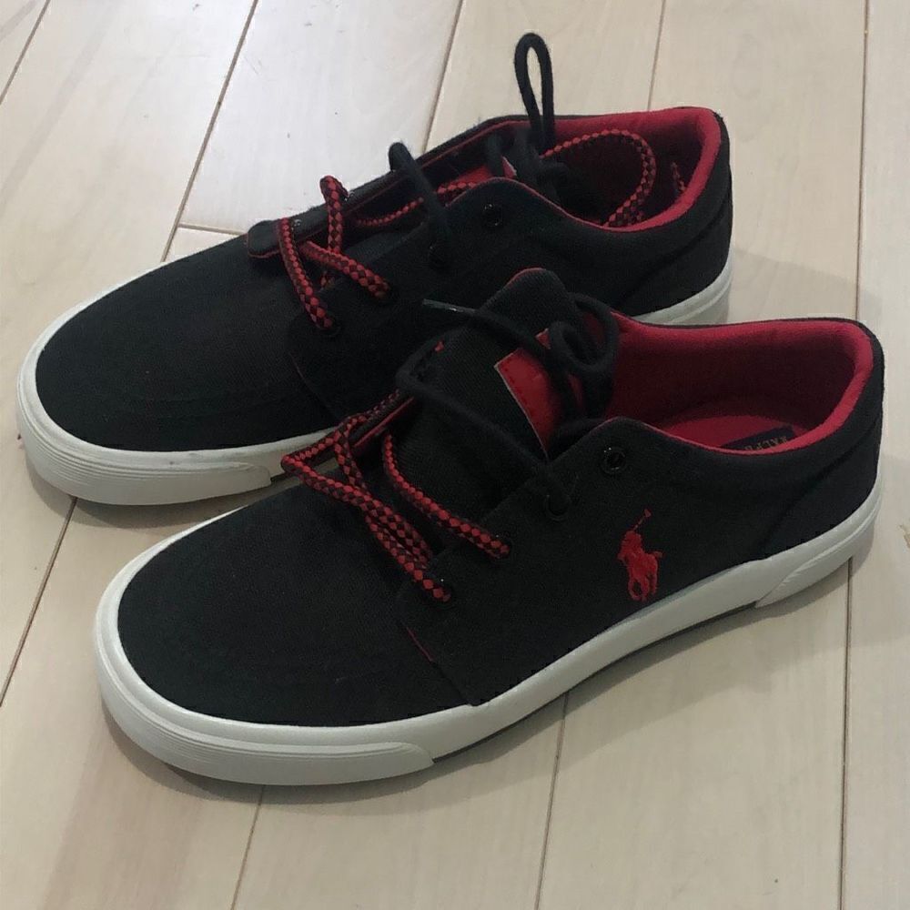Polo Ralph Lauren Youth Kids Faxon Low Canvas Sneakers Black/Red Size 5